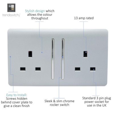Trendi 2 Gang 13 Amp Switched Plug Socket Silver Trade Pack (x10)