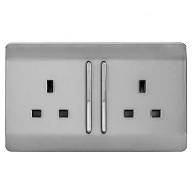 Trendi 2 Gang Artistic Modern Glossy 13 Amp Long Switched Plug Socket Stainless Steel (5 Pack)