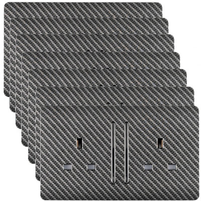 Trendi 2 Gang Artistic Modern Glossy 13 Amp Long Switched Tactile Plug Socket Carbon Fibre (7 Pack)