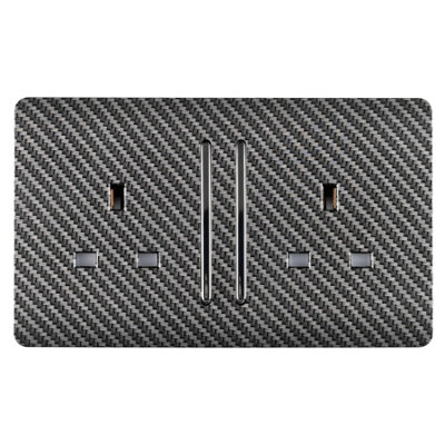 Trendi 2 Gang Artistic Modern Glossy 13 Amp Long Switched Tactile Plug Socket Carbon Fibre (7 Pack)