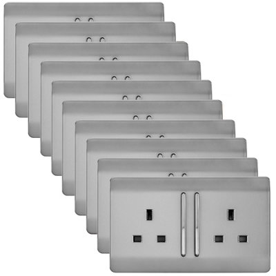 Trendi 2 Gang Artistic Modern Glossy 13 Amp Long Switched Tactile Plug Socket Stainless Steel (10 Pack)