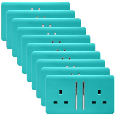 Trendi 2 Gang Artistic Modern Glossy 13 Amp Switched Plug Socket Bright Teal (10 Pack)