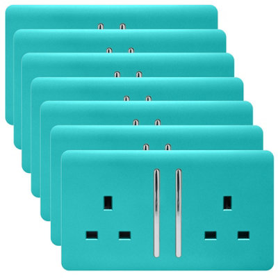 Trendi 2 Gang Artistic Modern Glossy 13 Amp Switched Plug Socket Bright Teal (7 Pack)