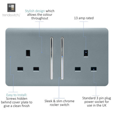 Trendi 2 Gang Artistic Modern Glossy 13 Amp Switched Plug Socket Cool Grey (7 Pack)