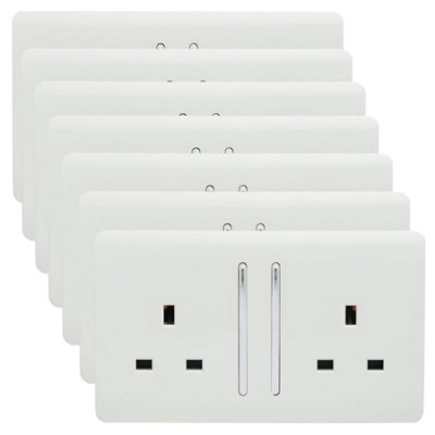Trendi 2 Gang Artistic Modern Glossy 13 Amp Switched Plug Socket Ice White (7 Pack)