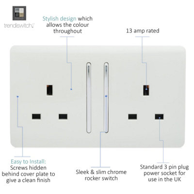 Trendi 2 Gang Artistic Modern Glossy 13 Amp Switched Plug Socket Ice White (7 Pack)