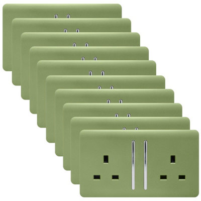Trendi 2 Gang Artistic Modern Glossy 13 Amp Switched Plug Socket Moss Green (10 Pack)