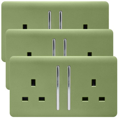 Trendi 2 Gang Artistic Modern Glossy 13 Amp Switched  Plug Socket Moss Green (3 Pack)
