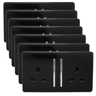 Trendi 2 Gang Artistic Modern Glossy 13 Amp Switched Plug Socket Piano Black (7 Pack)
