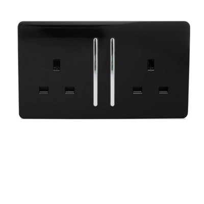 Trendi 2 Gang Artistic Modern Glossy 13 Amp Switched Plug Socket Piano Black (7 Pack)