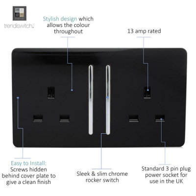 Trendi 2 Gang Artistic Modern Glossy 13 Amp Switched Plug Socket Piano Black (7 Pack)