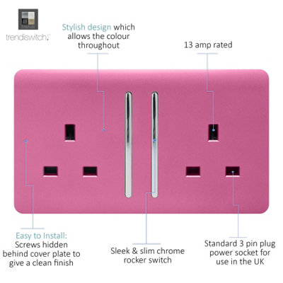 Trendi 2 Gang Artistic Modern Glossy 13 Amp Switched Plug Socket Pink (7 Pack)