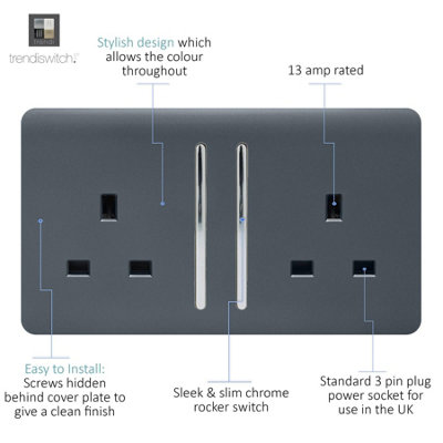 Trendi 2 Gang Artistic Modern Glossy 13 Amp Switched Plug Socket Warm Grey (7 Pack)