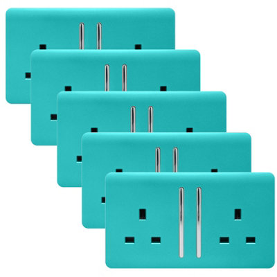 Trendi 2 Gang Artistic Modern Glossy 13 Amp Switched Tactile Plug Socket Bright Teal (5 Pack)