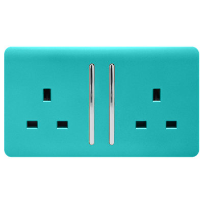 Trendi 2 Gang Artistic Modern Glossy 13 Amp Switched Tactile Plug Socket Bright Teal (5 Pack)