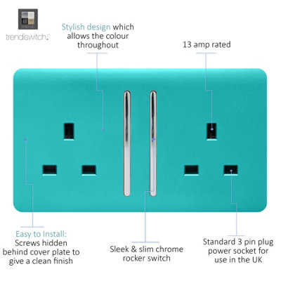 Trendi 2 Gang Artistic Modern Glossy 13 Amp Switched Tactile Plug Socket Bright Teal (5 Pack)