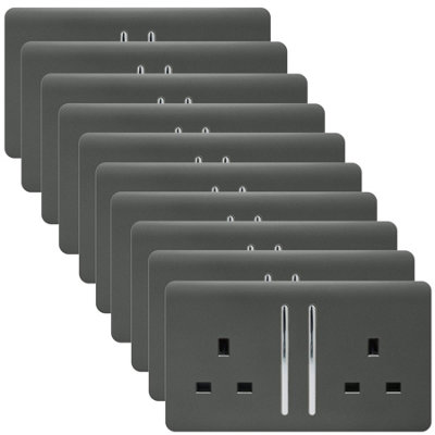 Trendi 2 Gang Artistic Modern Glossy 13 Amp Switched Tactile Plug Socket Charcoal (10 Pack)