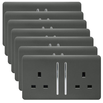 Trendi 2 Gang Artistic Modern Glossy 13 Amp Switched Tactile Plug Socket Charcoal (7 Pack)