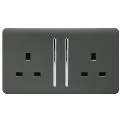 Trendi 2 Gang Artistic Modern Glossy 13 Amp Switched Tactile Plug Socket Charcoal (7 Pack)