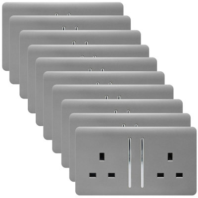 Trendi 2 Gang Artistic Modern Glossy 13 Amp Switched Tactile Plug Socket Light Grey (10 Pack)