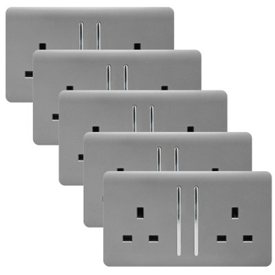 Trendi 2 Gang Artistic Modern Glossy 13 Amp Switched Tactile Plug Socket Light Grey (5 Pack)