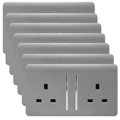 Trendi 2 Gang Artistic Modern Glossy 13 Amp Switched Tactile Plug Socket Light Grey (7 Pack)