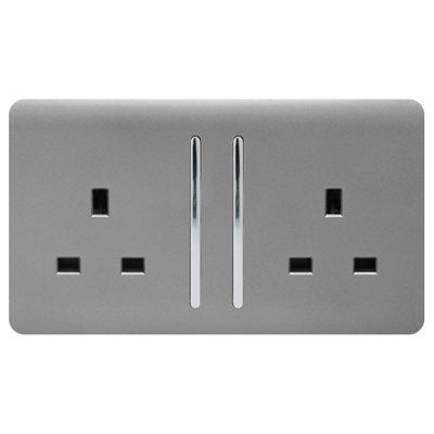 Trendi 2 Gang Artistic Modern Glossy 13 Amp Switched Tactile Plug Socket Light Grey (7 Pack)
