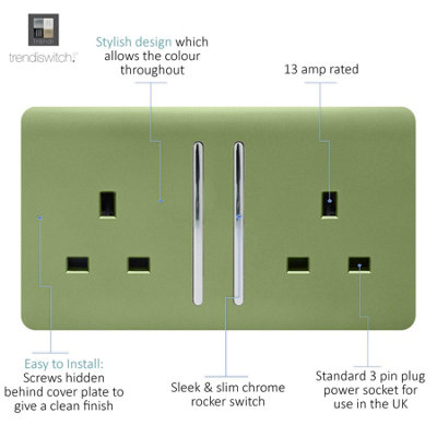 Trendi 2 Gang Artistic Modern Glossy 13 Amp Switched Tactile Plug Socket Moss Green (5 Pack)