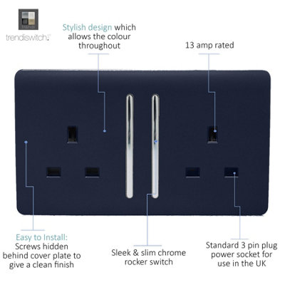 Trendi 2 Gang Artistic Modern Glossy 13 Amp Switched Tactile Plug Socket Navy (7 Pack)