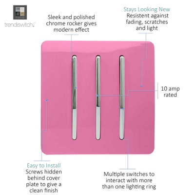 Trendi 3 Gang 2 Way Artistic Modern Glossy 10 Amp Rocker Tactile Light Switch Pink