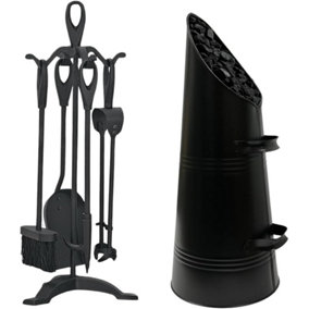 Trendi Black Waterloo Bucket Coal Log Fire Ash Scuttle Hod Fireside + Shovel with 5 Piece Cast Iron Loop Design Companion Set