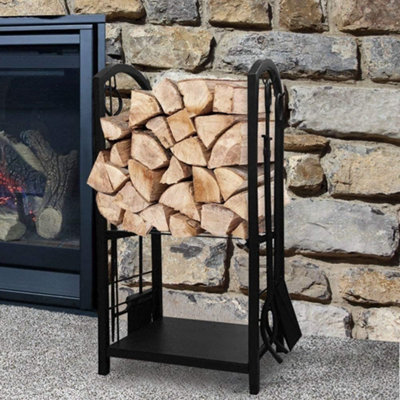 Large Fireplace Log Holder 49.6u00d715u00d745.7inch, Heavy Duty Wrought Iron Wood Storage Rack For Fireplace Wood Stove Indoor Outdoor, Black