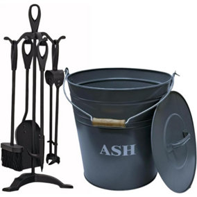 Trendi Fireside Ash Carrier Metal Hot Tidy Box Container 15L Ash Bucket with 5 Piece Cast Iron Loop Design Companion SetLid