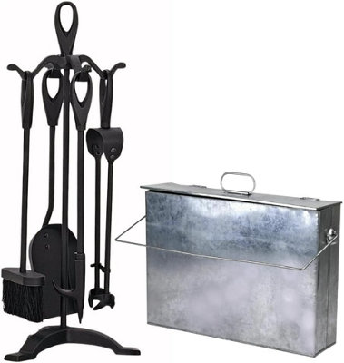 Trendi Fireside Ash Carrier Metal Hot Tidy Box Containerwith 5Pc Cast Iron Loop Design Companion Set(Companion Set + Silver Ashbox Price Comparisons | Compare The Build