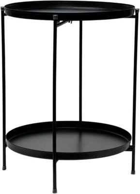 Trendi Round Metal Folding Side Table Tray Top Light Portable Coffee Night Stand  2 Tier Black