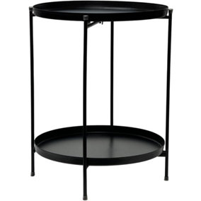 Trendi Round Metal Folding Side Table Tray Top Light Portable Coffee Night Stand  2 Tier Black