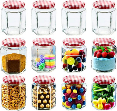 Trendi Set of 12 Hexagonal Storage Glass Jars - 280ml, featuring Red Gingham Lid & Labels. Clear airtight jars