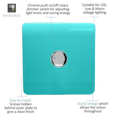 Trendi Switch 1 Gang 1 or 2 way 150w Rotary LED Dimmer Light Switch in Bright Teal