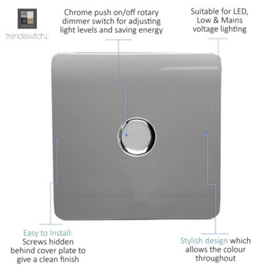 Trendi Switch 1 Gang 1 or 2 way 150w Rotary LED Dimmer Light Switch in Light Grey