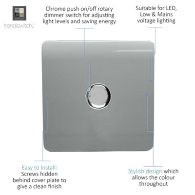 Trendi Switch 1 Gang 1 or 2 way 150w Rotary LED Dimmer Light Switch in Platinum Silver