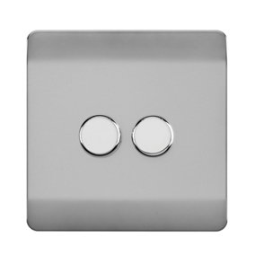 Trendi Switch 2 Gang 1 or 2 way 150w Rotary LED Dimmer Light Switch in Brushed Steel
