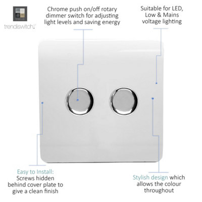 Trendi Switch 2 Gang 1 or 2 way 150w Rotary LED Dimmer Light Switch in Ice White
