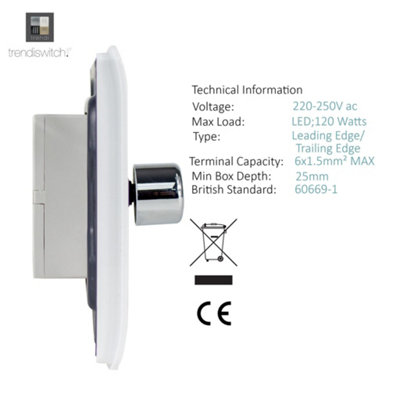 Trendi Switch 2 Gang 1 or 2 way 150w Rotary LED Dimmer Light Switch in Ice White - 3