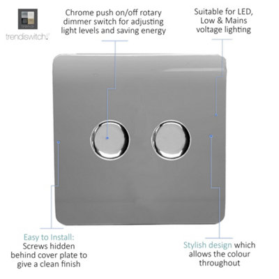 Trendi Switch 2 Gang 1 or 2 way 150w Rotary LED Dimmer Light Switch in Light Grey