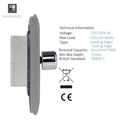 Trendi Switch 2 Gang 1 or 2 way 150w Rotary LED Dimmer Light Switch in Light Grey - 3