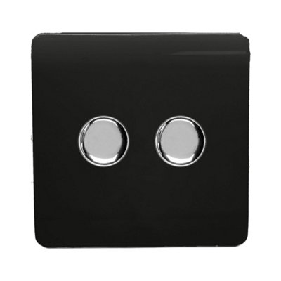 Trendi Switch 2 Gang 1 or 2 way 150w Rotary LED Dimmer Light Switch in Piano Black