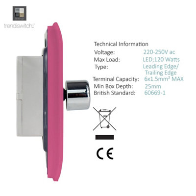Trendi Switch 2 Gang 1 or 2 way 150w Rotary LED Dimmer Light Switch in Pink