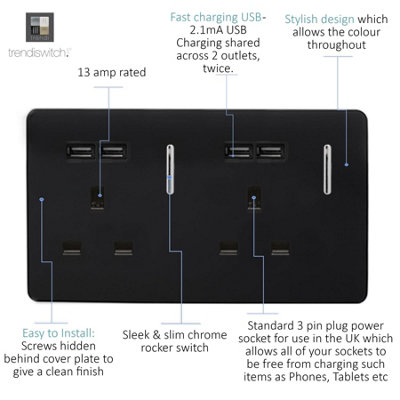 Trendi Switch 2 Gang 4 Port USB 2.1mA Double Plug Socket Black