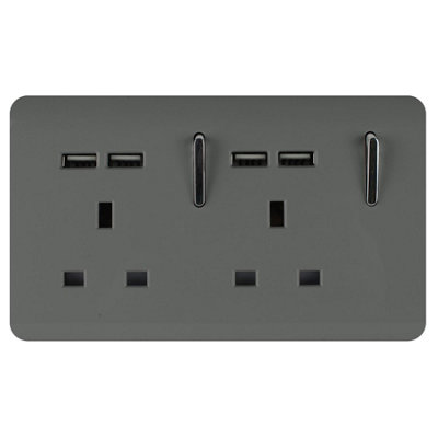 Trendi Switch 2 Gang 4 Port USB 2.1mA Double Plug Socket Charcoal