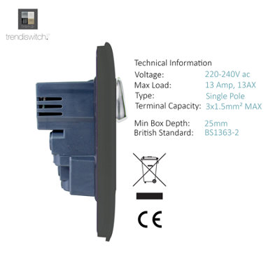 Trendi Switch 2 Gang 4 Port USB 2.1mA Double Plug Socket Charcoal